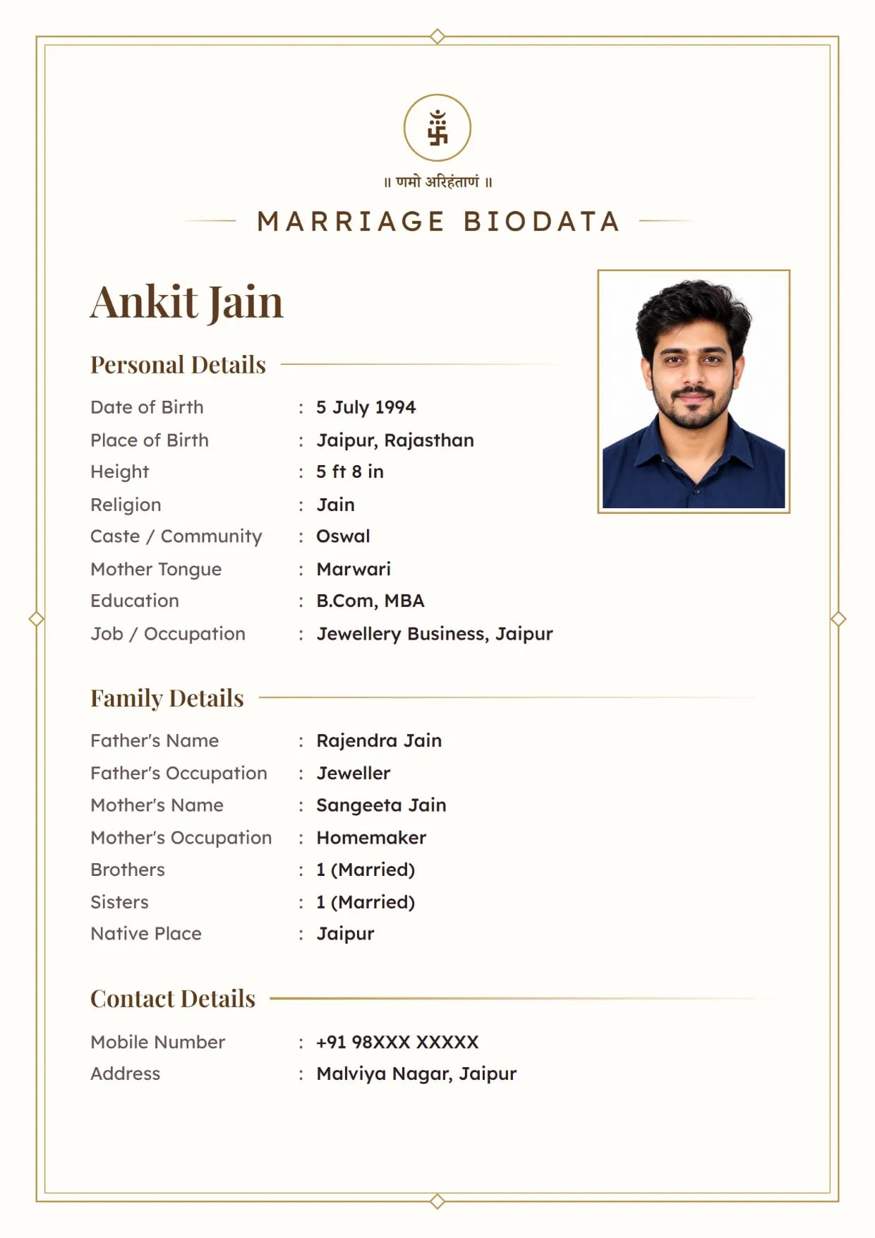 Marriage biodata sample for a Jain boy, Ivory Line design in gold with the Jain symbol and Namo Arihantanam at the top