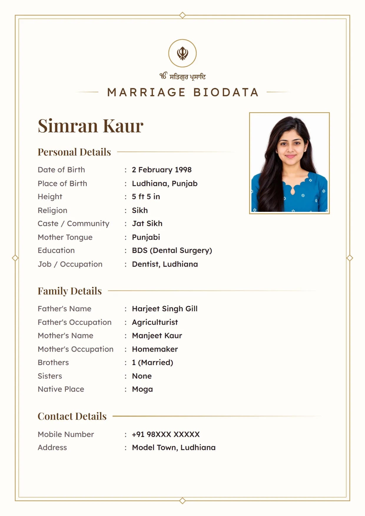 Marriage biodata sample for a Sikh girl, Ivory Line design in gold with the Khanda and Ik Onkar at the top