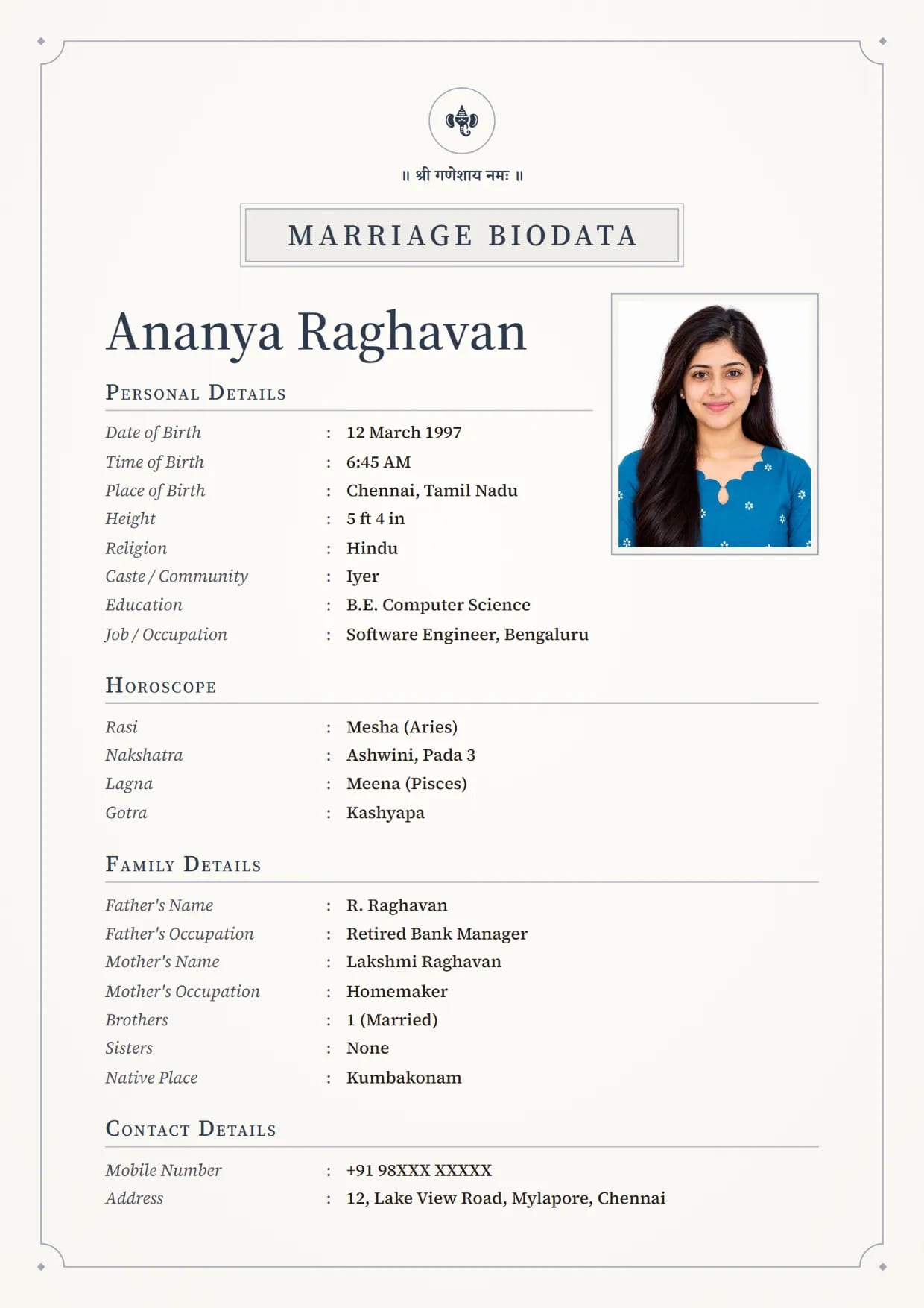 Marriage biodata sample for a girl, Linen Classic design in slate with Ganesh ji at the top