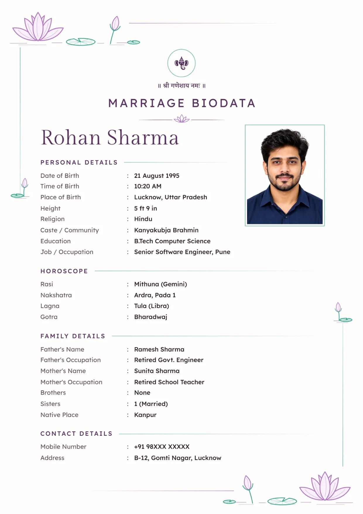 Marriage biodata sample for a boy, Lotus Line design in plum mint with Ganesh ji at the top