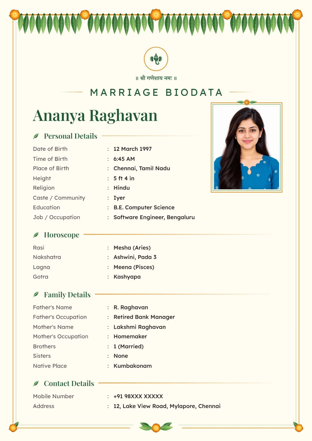 Marriage biodata sample for a girl, Mango Leaf design in leaf green with Ganesh ji at the top