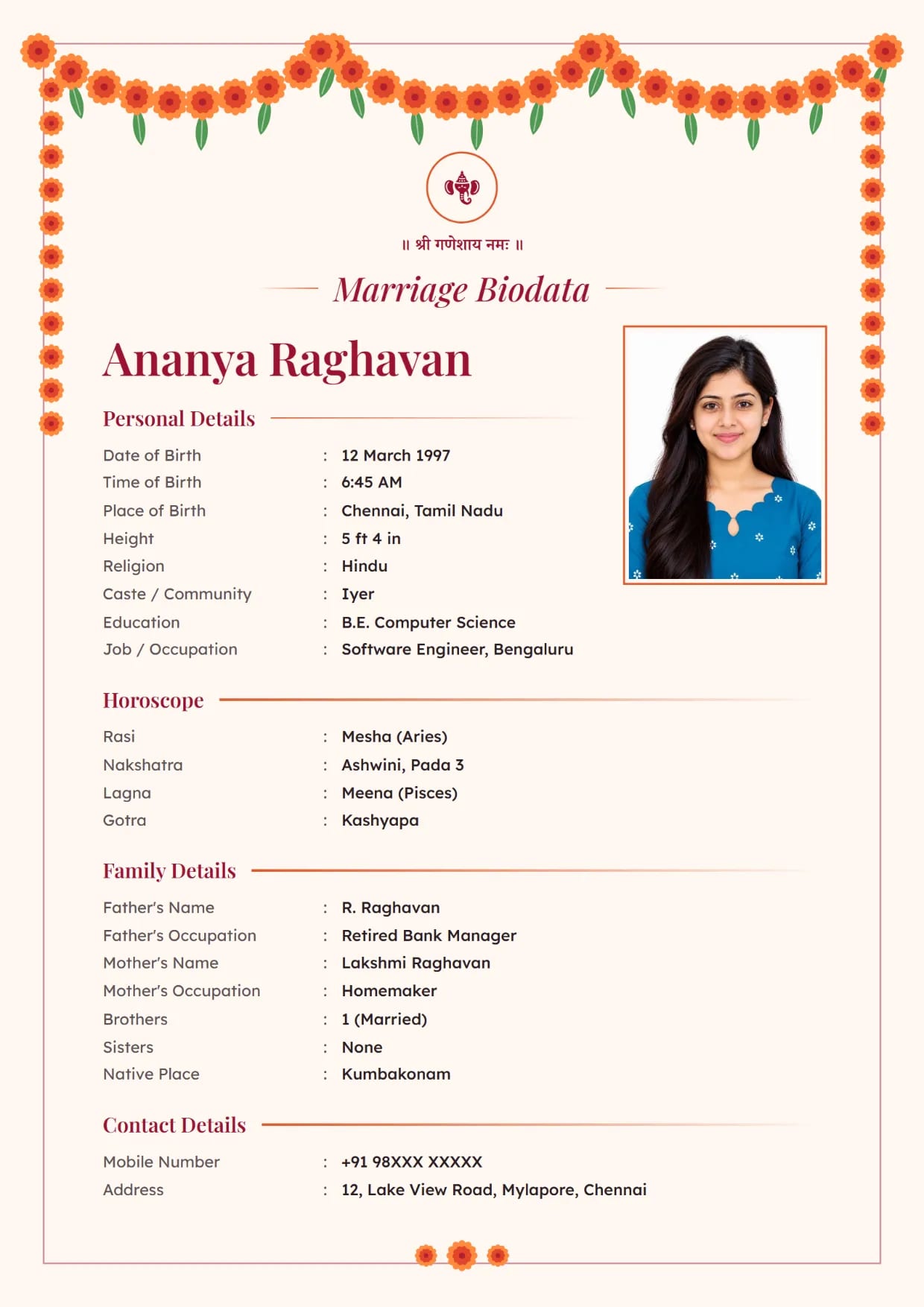 Marriage biodata sample for a girl, Marigold Toran design in kumkum with Ganesh ji at the top