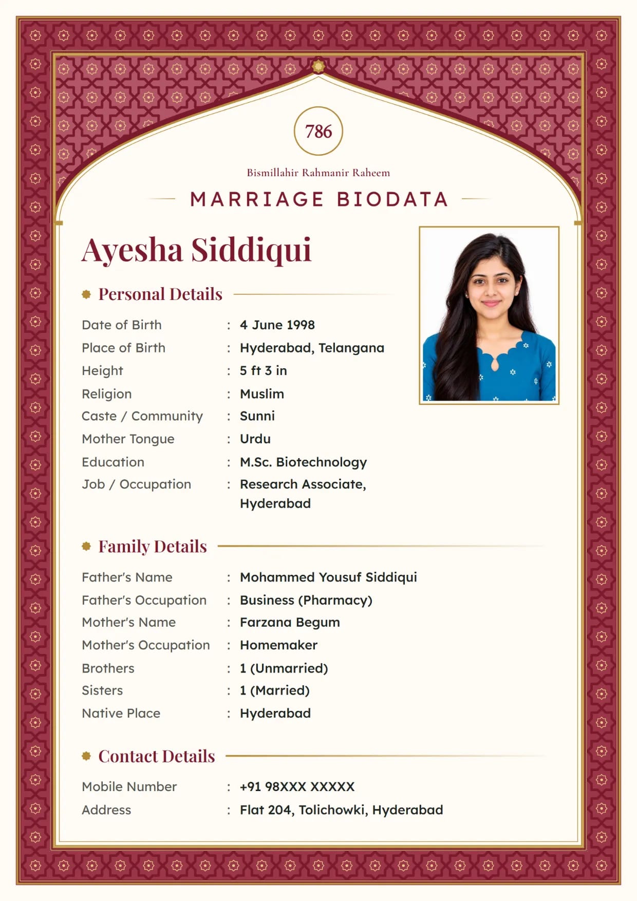 Marriage biodata sample for a Muslim girl, Mughal Jali design in ruby with 786 and Bismillah at the top