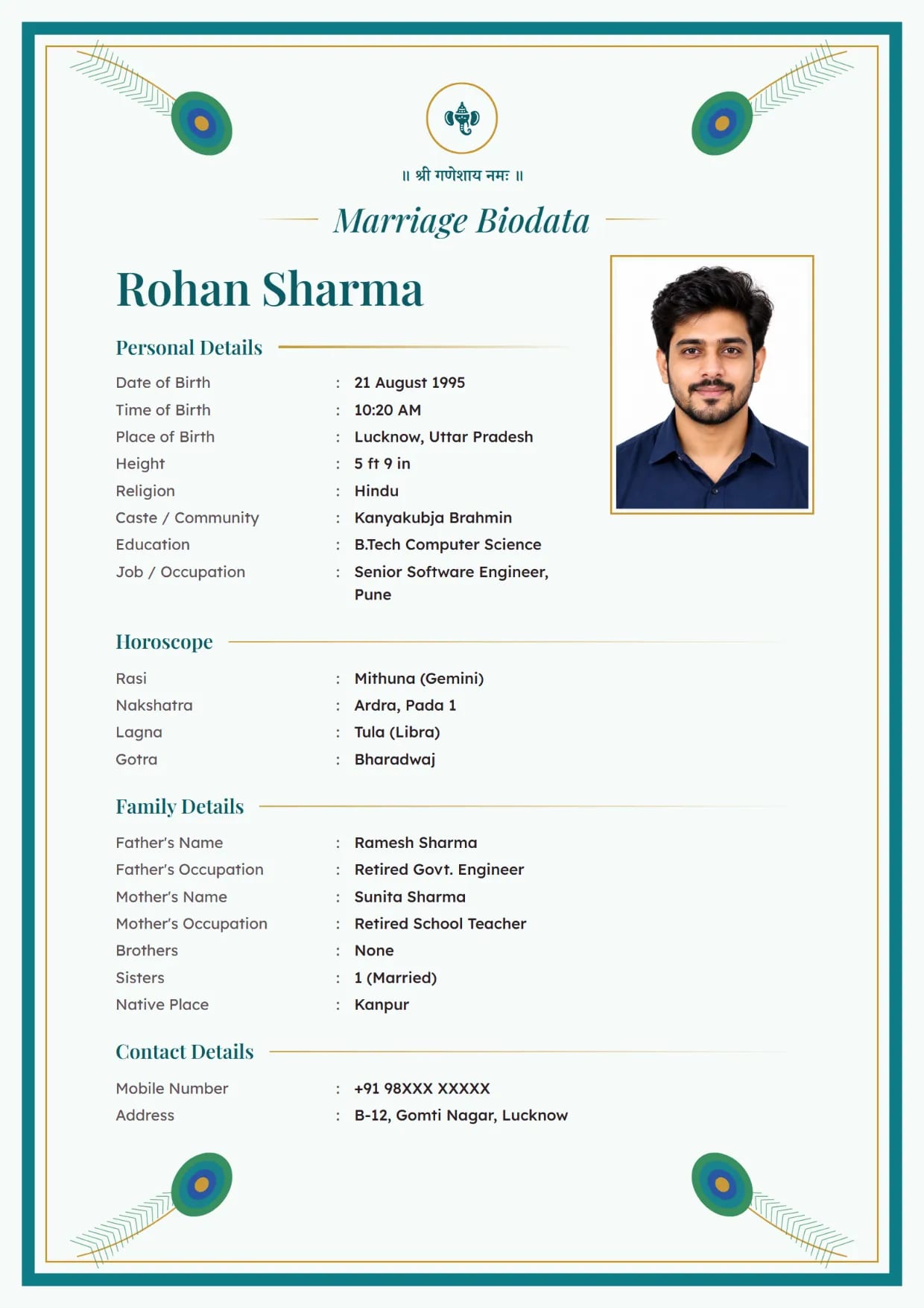 Marriage biodata sample for a boy, Peacock Grace design in peacock with Ganesh ji at the top