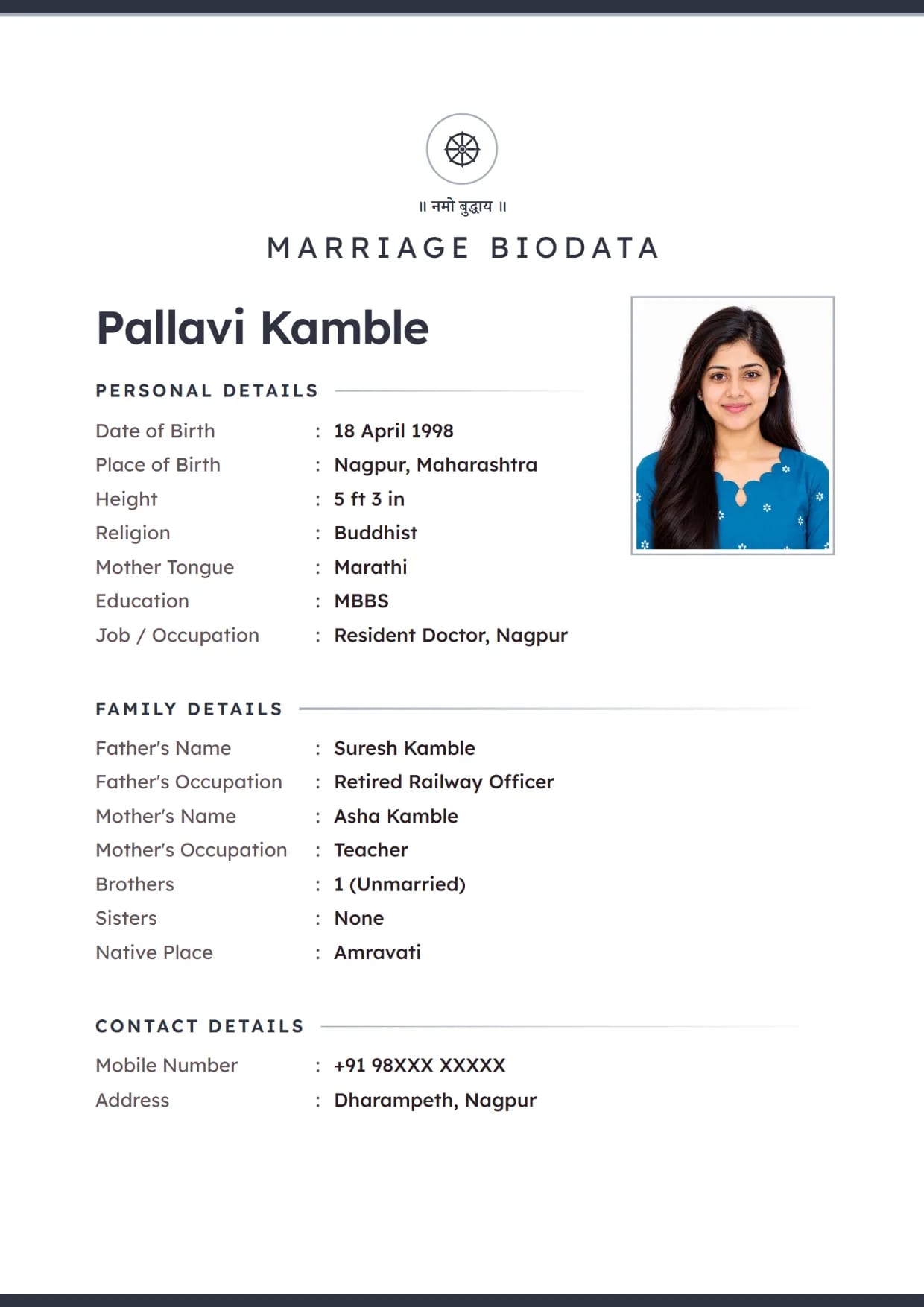 Marriage biodata sample for a Buddhist girl, Pearl Minimal design in graphite with the Dharma wheel and Namo Buddhaya at the top
