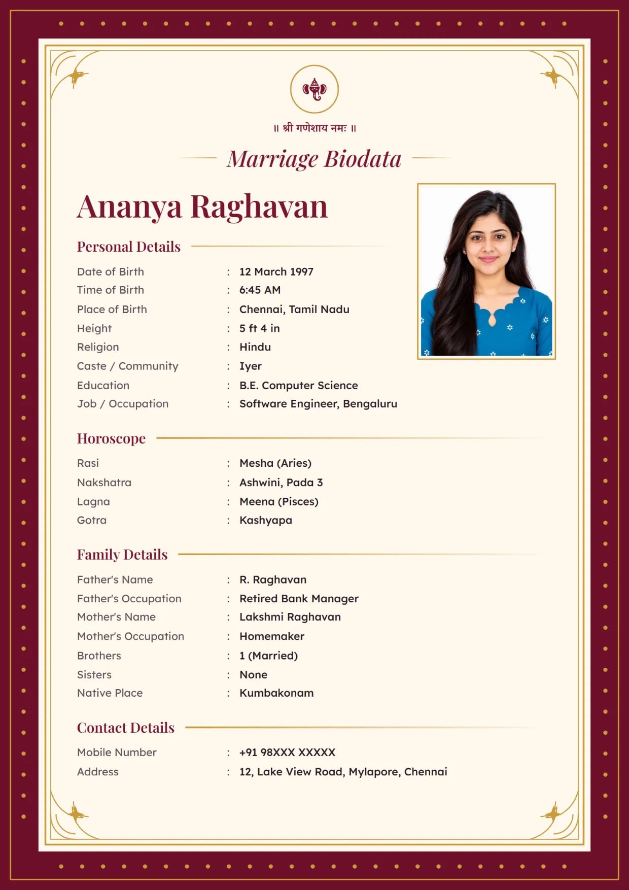 Marriage biodata sample for a girl, Royal Maroon design in maroon with Ganesh ji at the top
